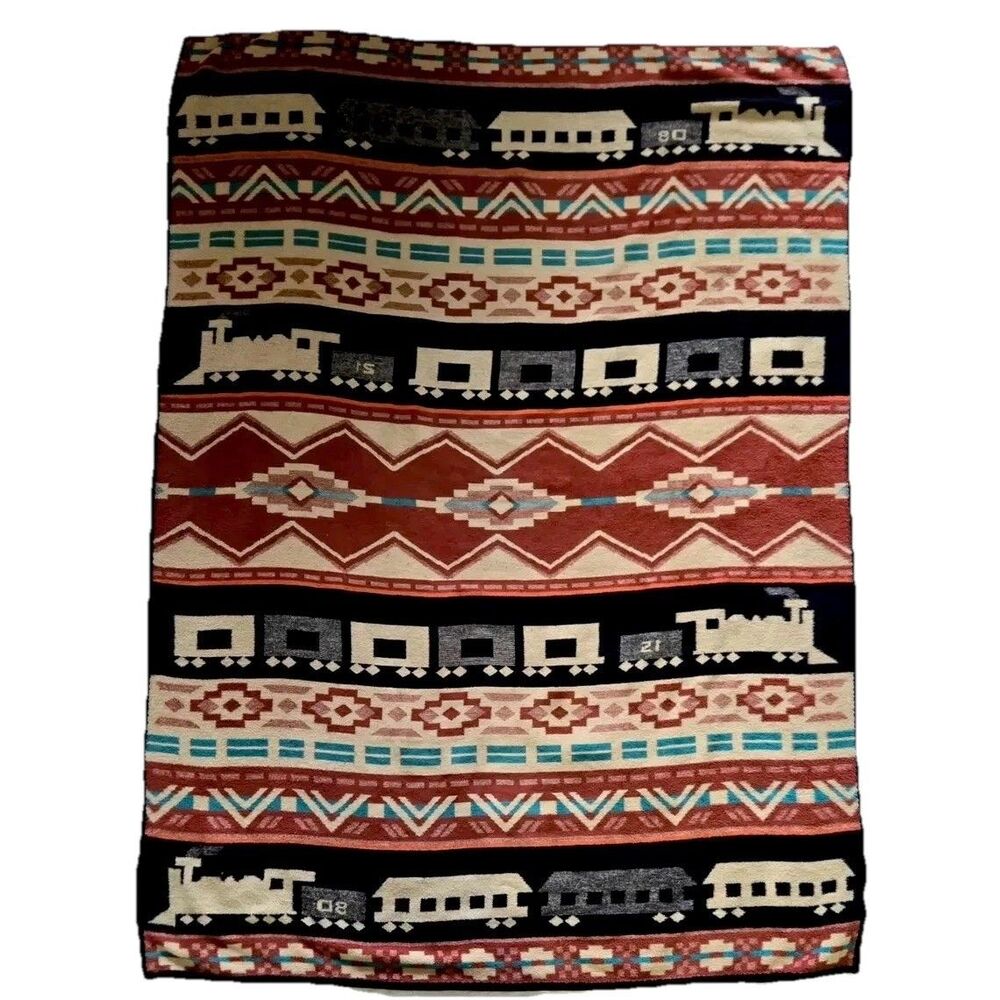 VTG San Marcos Southwestern Navajo Locomotive Train Plush Blanket 80x56” Throw